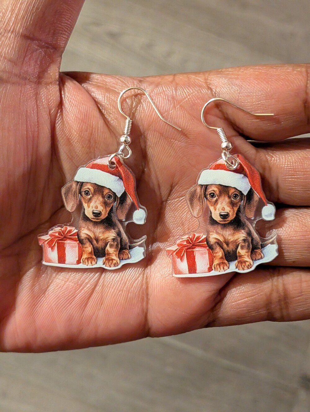 Hand Crafted Dachshund in Santa Hat Acrylic Drop Earrings - Red & Brown